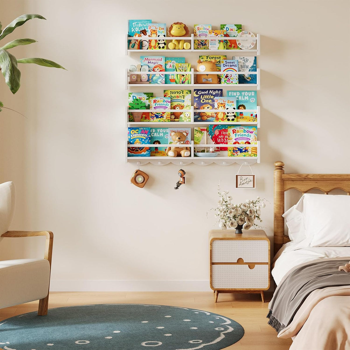 34Inch Nursery Floating bookshelf Coat Rack with 6 Hooks, Set of 4 White