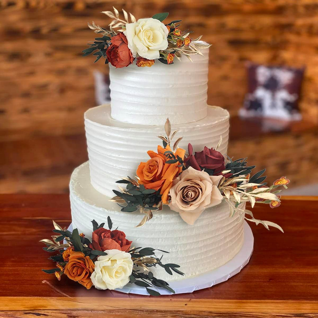 Rinlong 3Pcs Pre-made Cake Topper Cake Decorating Flowers for Cake Decor Boho Burnt Orange Fall Cake Flowers for Wedding Baptism Birthday Party Bridal Baby Shower