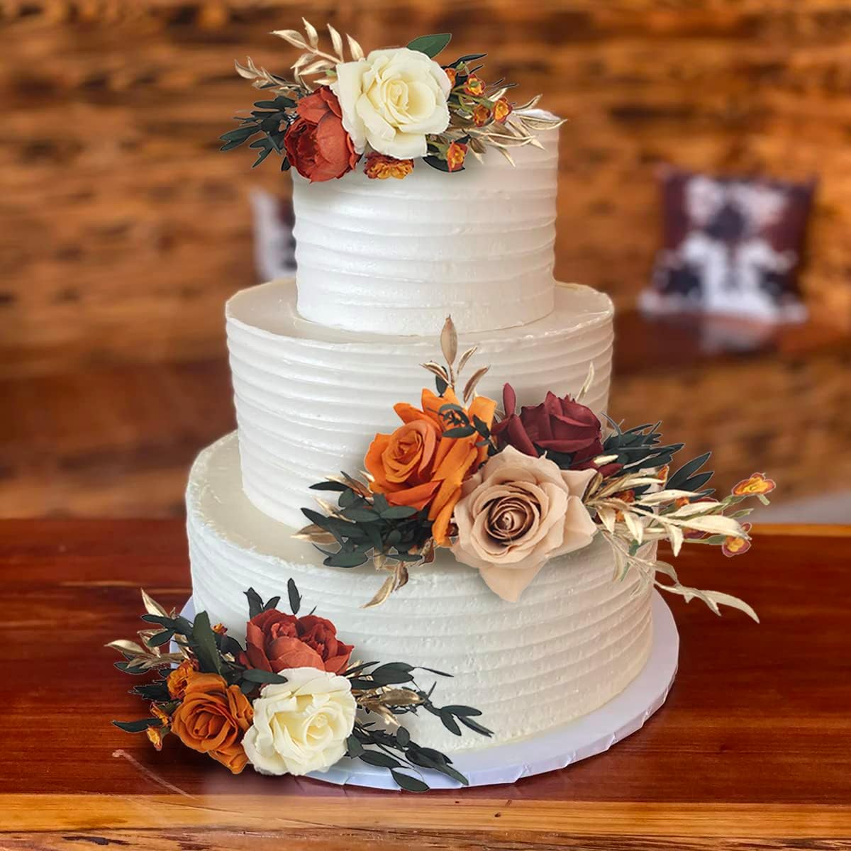 Rinlong 3Pcs Pre-made Cake Topper Cake Decorating Flowers for Cake Decor Boho Burnt Orange Fall Cake Flowers for Wedding Baptism Birthday Party Bridal Baby Shower