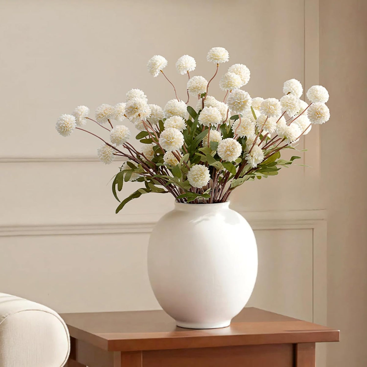 Real-Touch Faux Silk Mums Bouquet, 12 Pcs, Bendable Long Stems, Full & Realistic Artificial Flower Arrangement for Vase, Table, Wedding & Wreath Décor, White (No Vase)