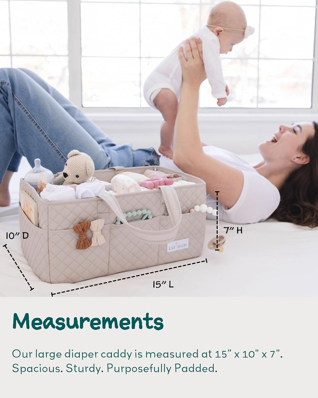 Lily Miles Baby Diaper Caddy Organizer, Quilted Nursery Storage Organizer for Newborn Essentials and Diaper Changing Station, Gift for Baby Shower and Registry Must-Have (Soft Sand)