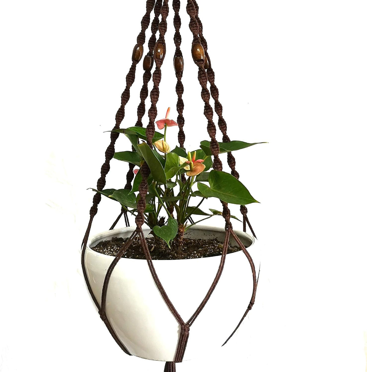 6 Legs Macrame Natural Jute and Cotton Plant Hanger & Holder and Metal Ring, 51-inches Length (Without the White Pot and Plant) (Dark Brown)