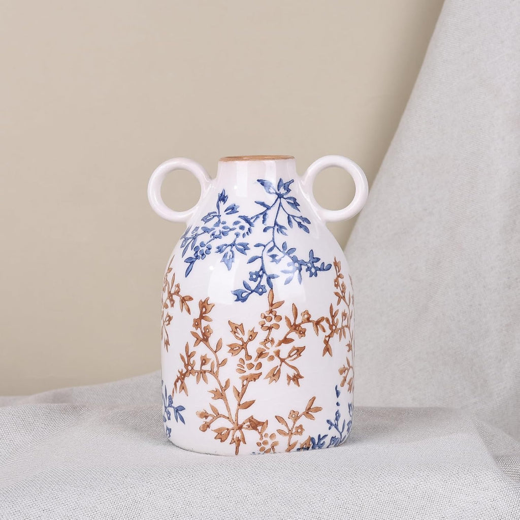 Blue Floral Ceramic Vase with Handle, Nordic Boho Small Vases Side Table Flower Centerpiece, Wide Mouth Single Flower Vase Pampas Grass Decorative - for Home Window Sill Living Dining Room Kitchen