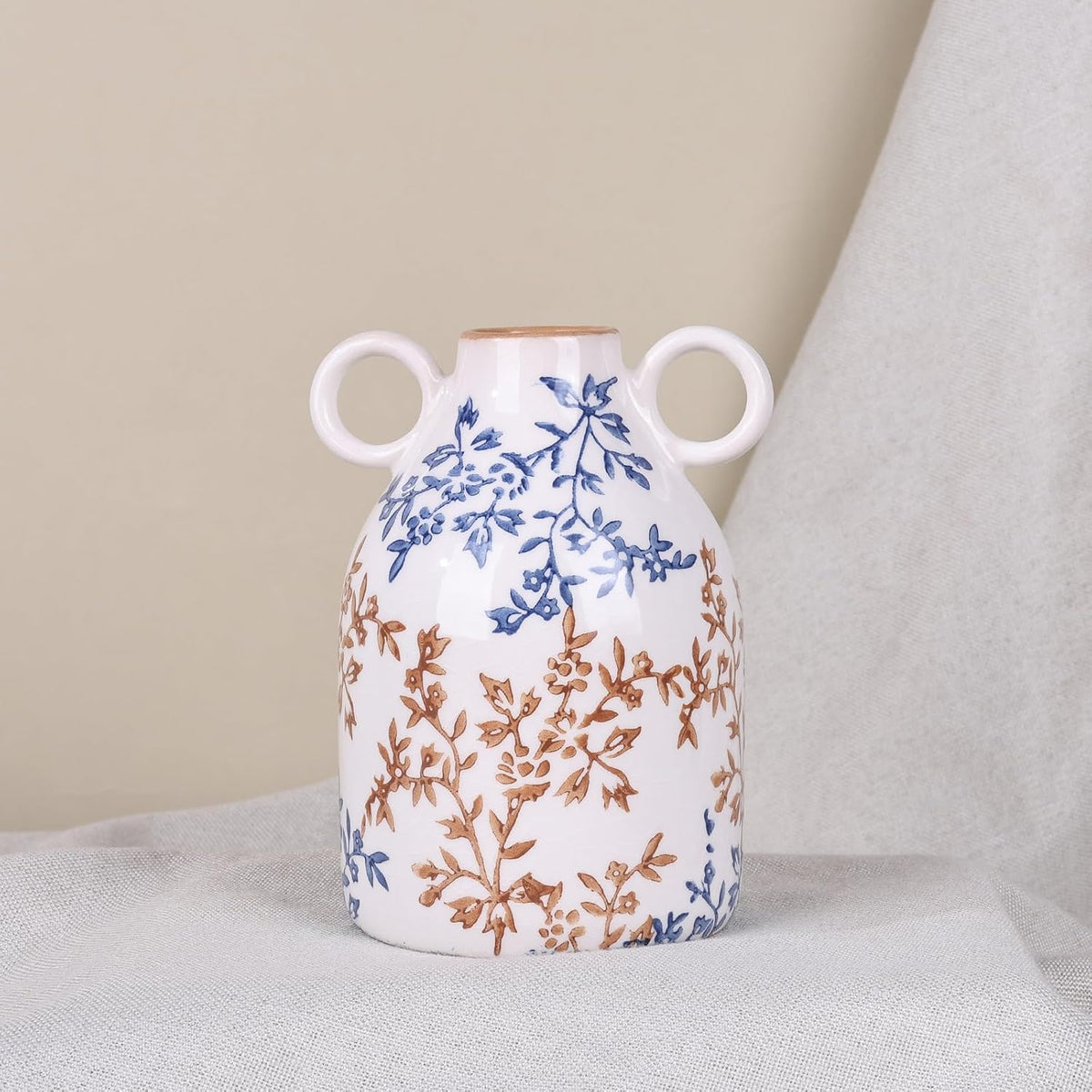 Blue Floral Ceramic Vase with Handle, Nordic Boho Small Vases Side Table Flower Centerpiece, Wide Mouth Single Flower Vase Pampas Grass Decorative - for Home Window Sill Living Dining Room Kitchen