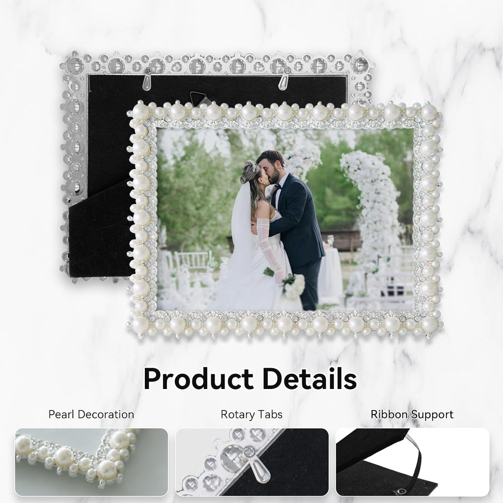 DIKAR 6x8 Wedding Picture Frame, Pearl and Diamond Ornate, Gold Edge