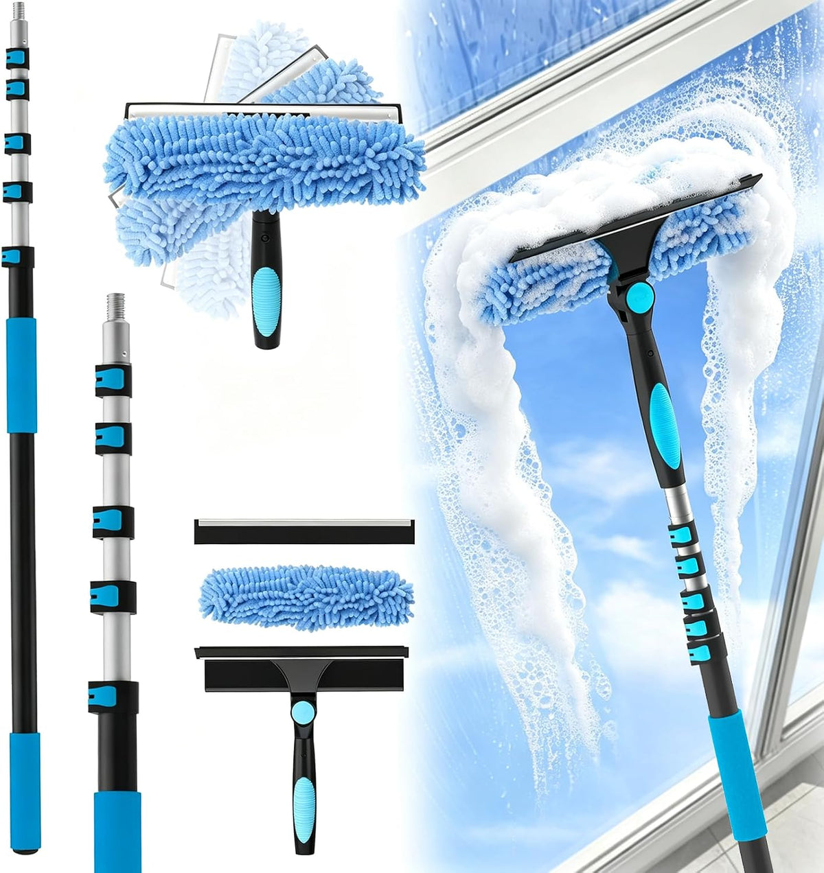 30FT Reach Window Squeegee Kit with Extension Pole, 2-in-1 Professional Washer for High Windows, 5-24FT Adjustable Reach, Rotatable Head for Indoor & Outdoor Use, Streak-Free Cleaning Tool for Home