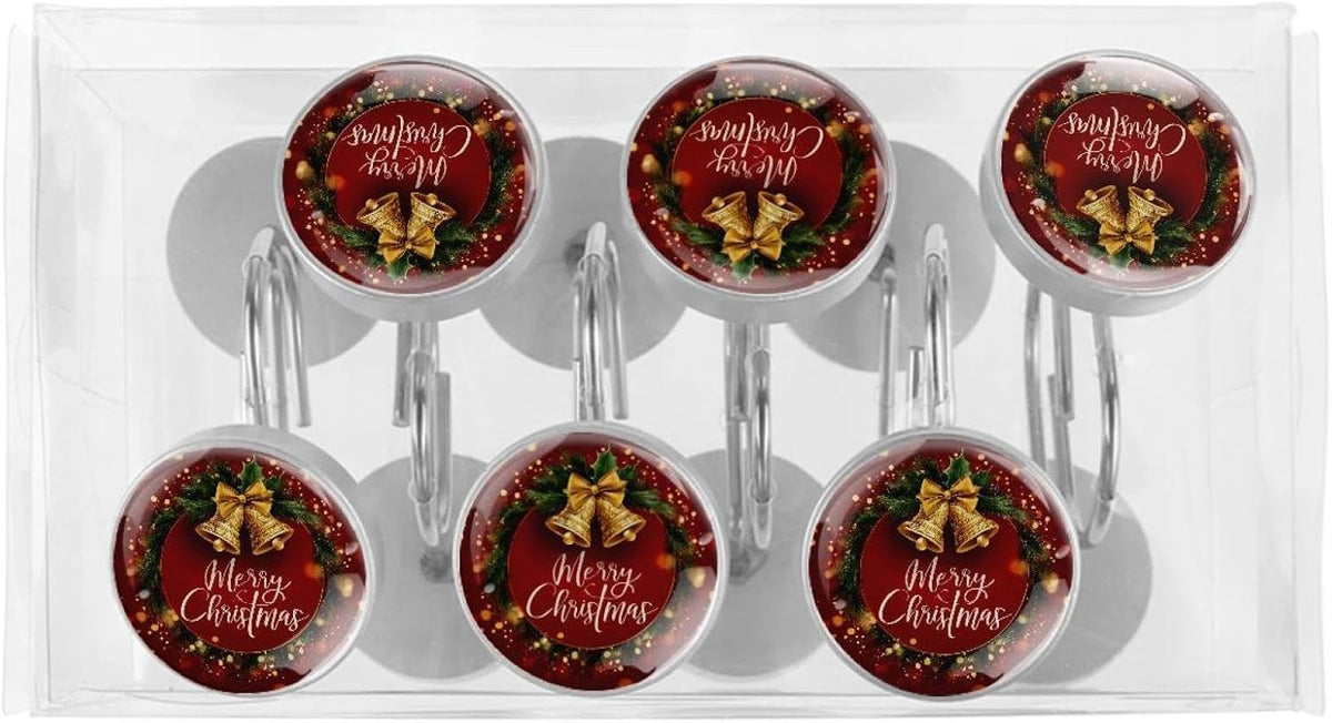 12 PCS Merry Christmas Shower Curtain Hooks, Rustproof Stainless Steel Decorative Shower Curtain Rings Hangers for Bathroom Living Room Bedroom Curtains Rods