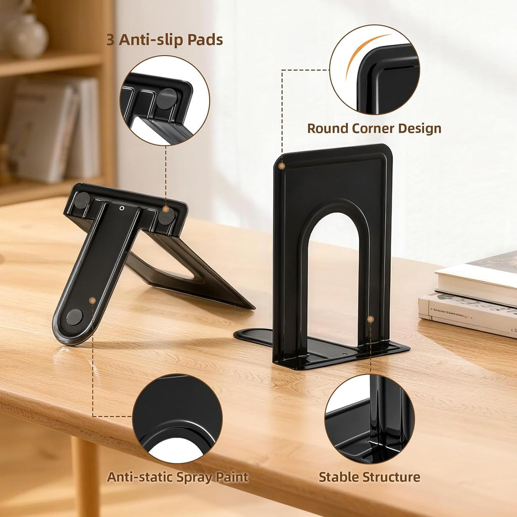 HappyHapi 12 Pairs Book Ends, Heavy Duty Bookends for Shelves, Black