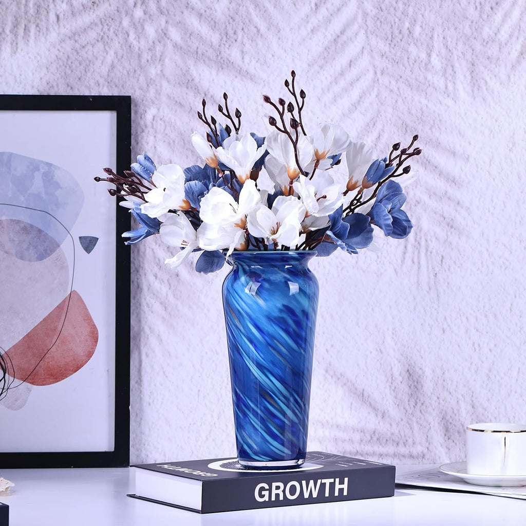 Blue Hand Blown Glass Vase – Tall Speckled Decorative Centerpiece in Murano Style for Dining Table, Coffee Table, Mantel, Entryway, or Bookshelf in Coastal or Modern Decor (Blue)