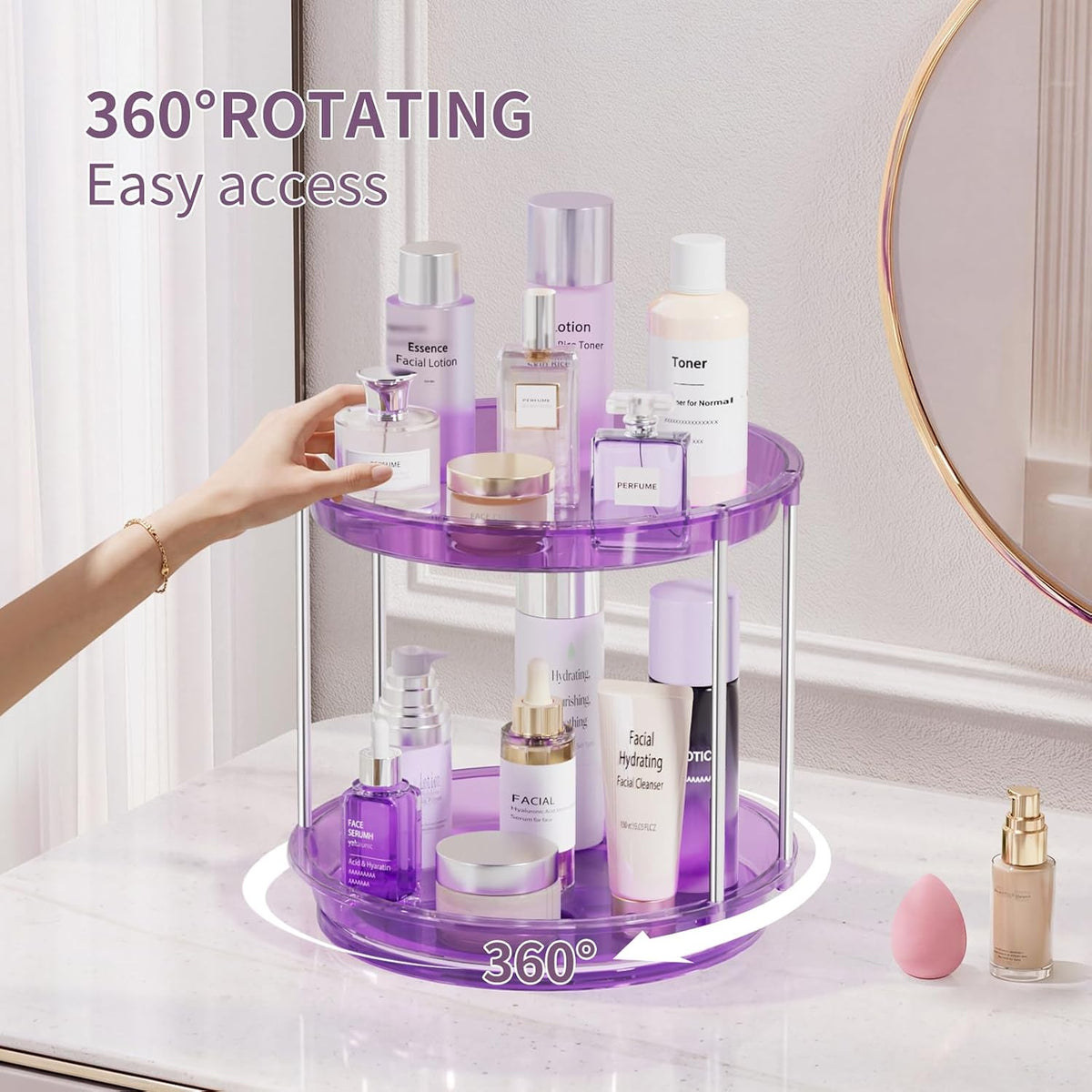 Rotating Makeup Organizer, Perfume Skincare Holder, 2 Tier 9 Inch, Purple