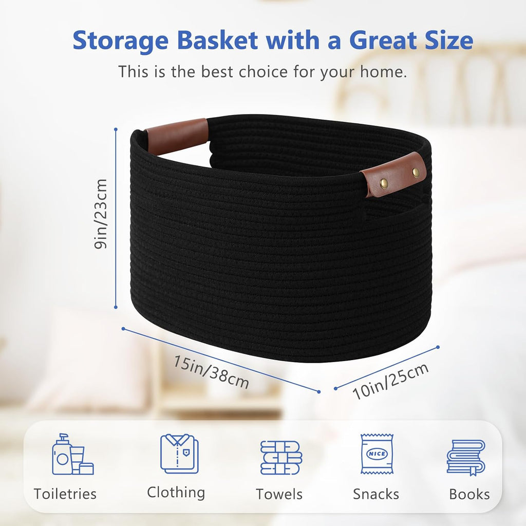 ECDYQXVU 15x10x9 Black Woven Cotton Rope Storage Basket Handles 1 Pack