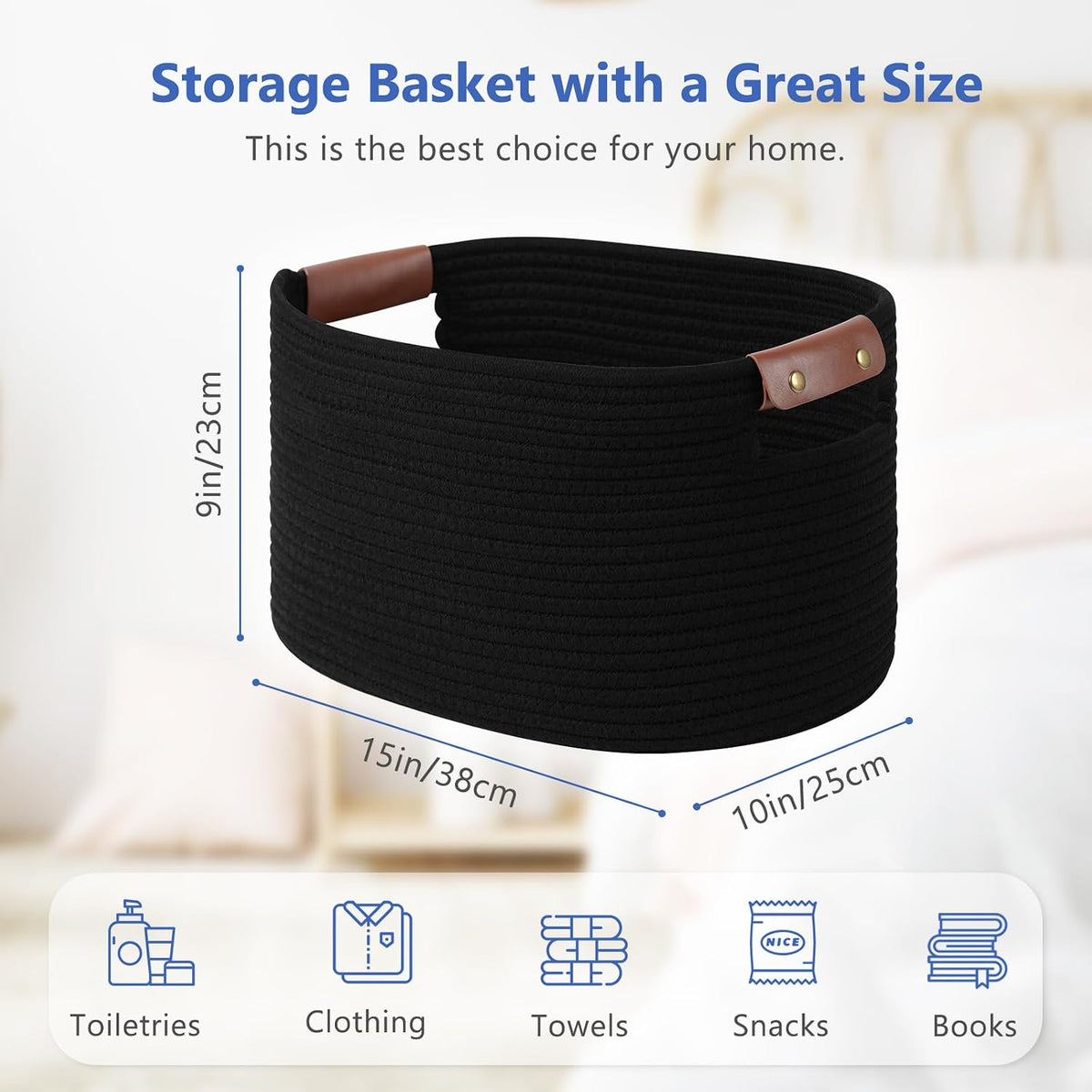 ECDYQXVU 15x10x9 Black Woven Cotton Rope Storage Basket Handles 1 Pack
