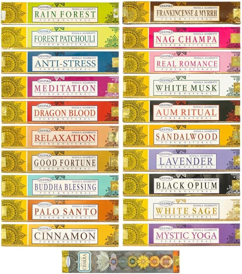 Deepika 12 Pack Assorted Pack 15 Gram x 12 Packs (180 Sticks) for Meditation, Aromatherapy, Healing and Yoga
