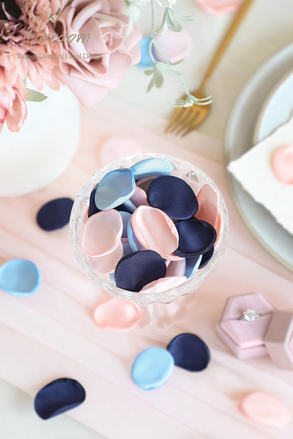Floroom 300pcs Rose Petals Navy Blue Blush Faux Silk Flower Petals for Wedding Flower Girl Basket Aisle Scatter Dinner Table Centerpieces Party Confetti Bridal Shower Romantic Night Decoration