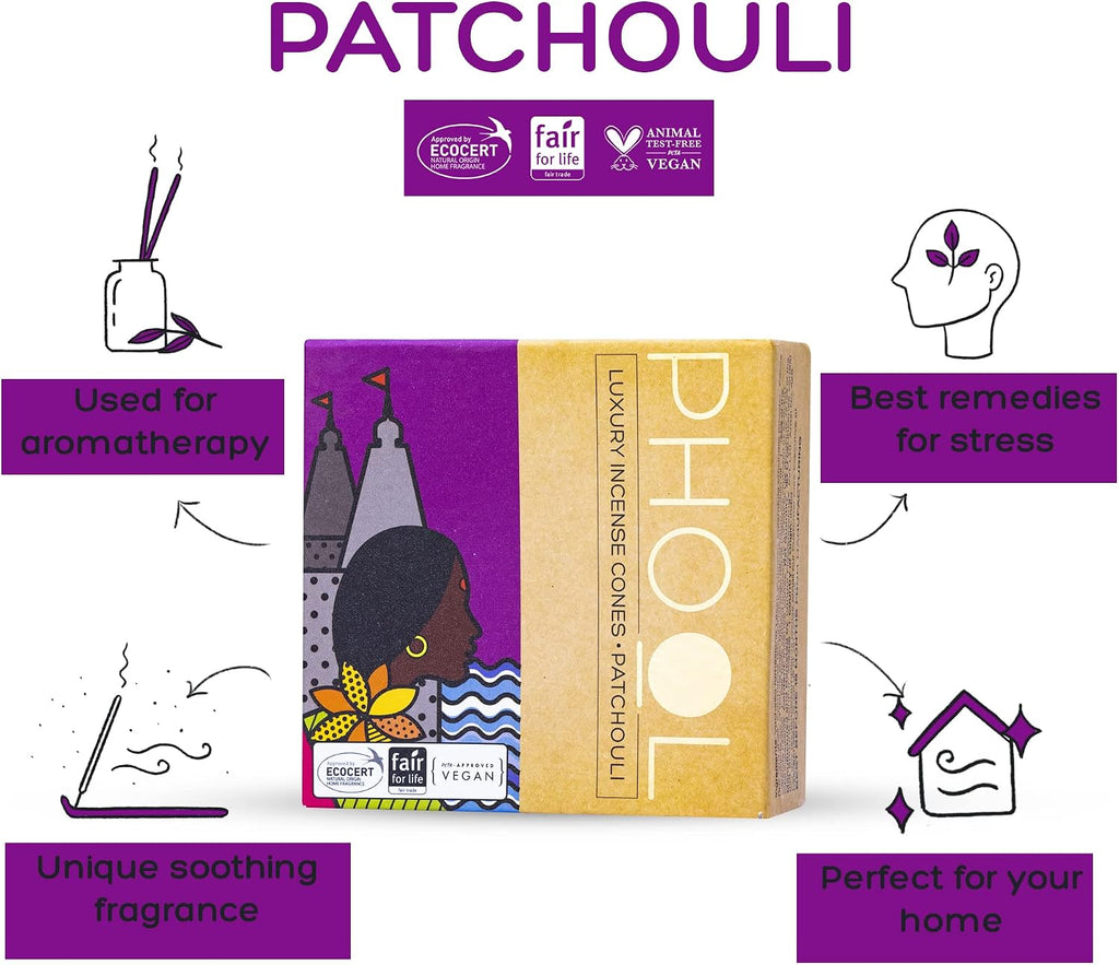 Pack of 2 Natural Incense Cones,Phool Meditation Pack(80 Organic Cones |2 Fragrances:Nagchampa & Patchouli)+1 Free Ceramic Holder |Handrolled |Sulpher & Charcoal Free |100% Organic & Natural 500 GMS