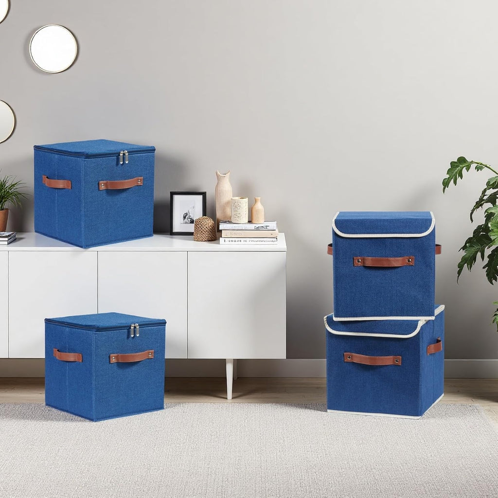 4PCS Storage Cubes with Lids Cotton Linen Fabric Bins Boxes