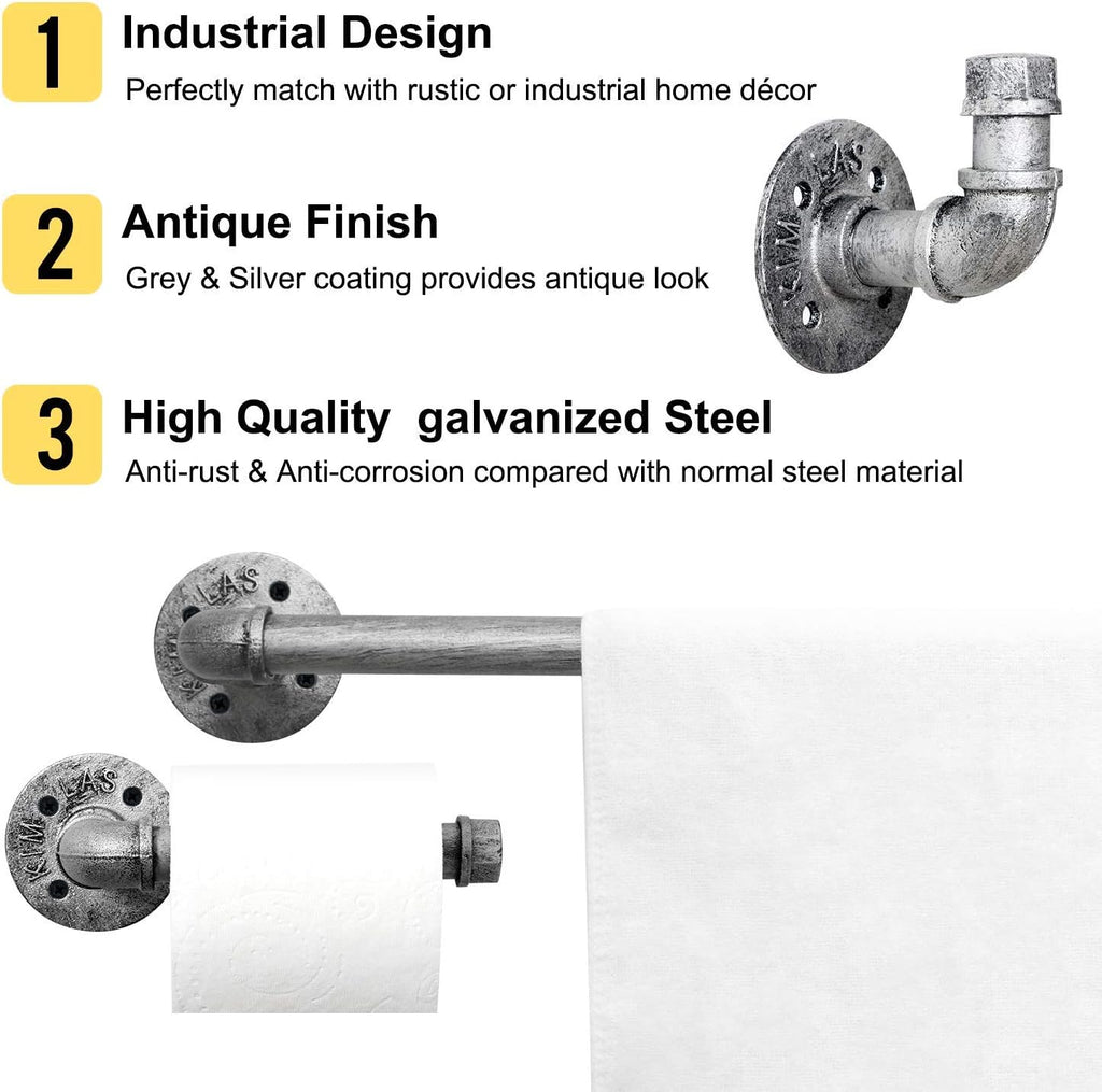 HouseAid 4-Pieces Industrial Pipe Towel Holder Set, Rustic Steel Towel Rack Kit, Farmhouse Vintage Style Towel Bar Accessories for Bathroom, Wall Mounted, Antique Silver