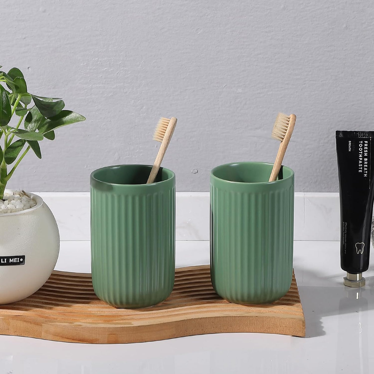 Green Toothbrush Holders for Bathrooms - 2 Cups Ceramic Toothbrush Toothpaste Holders Set, Green Bathroom Tumbler Cups Reusable Toothbrush Mouthwash Cup, Bathroom Counter Organizer.