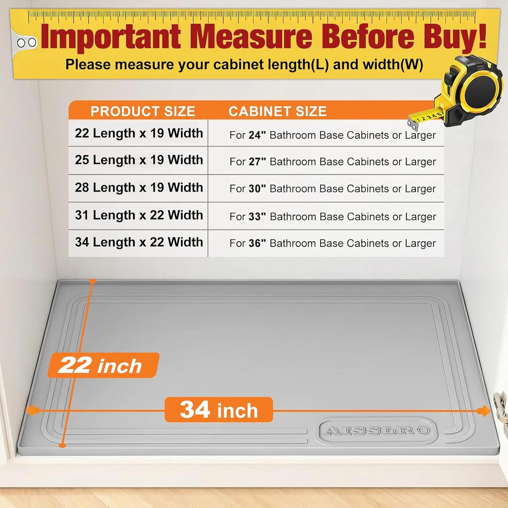 Under Sink Mat 34" X 22", Waterproof Silicone Cabinet Kitchen Liner, Gray