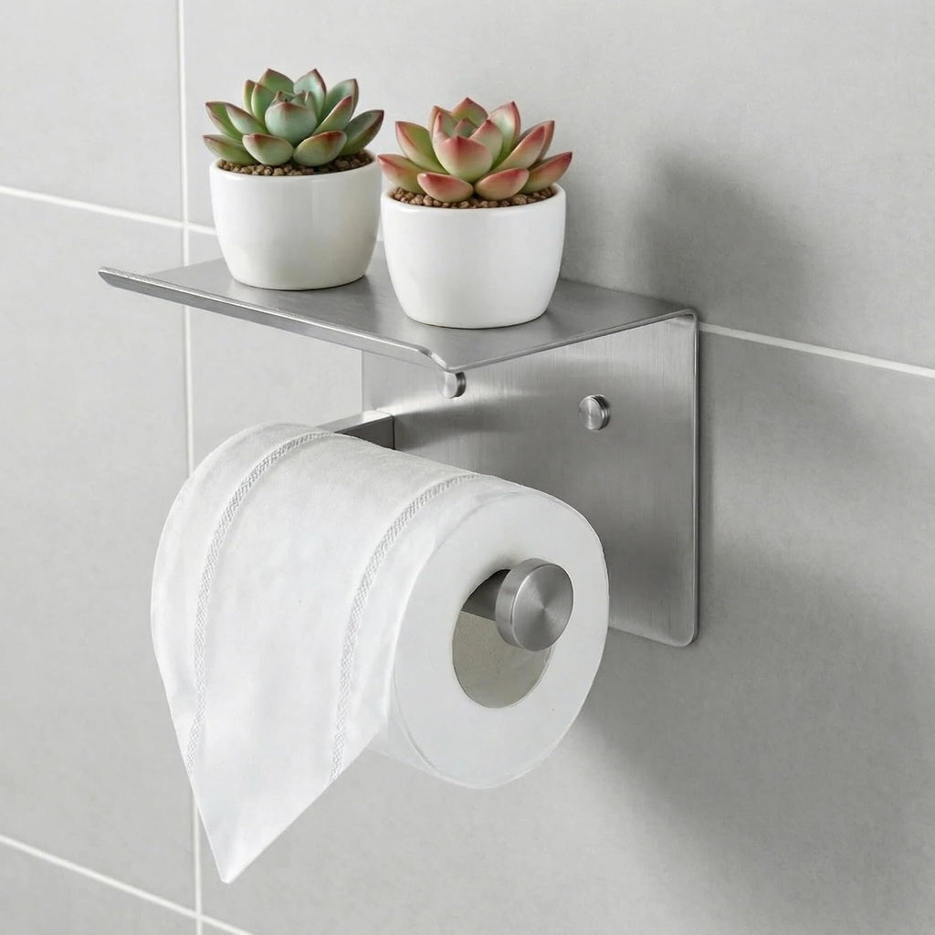 Toilet Paper Holder with Shelf, Heavy-Duty Stainless Steel Bathroom Hardware, Self-Adhesive No-Drill/Drill-Mount Wall-Mounted Roll Holder, Rust-Proof Bathroom Tissue Rack(Brushed Nickel)