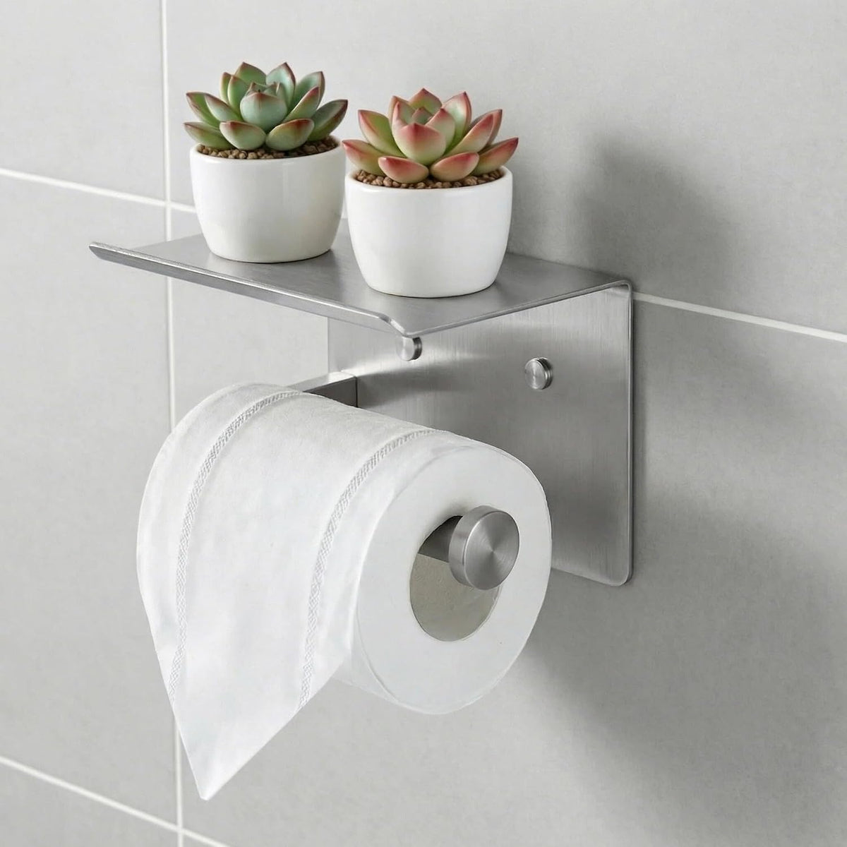Toilet Paper Holder with Shelf, Heavy-Duty Stainless Steel Bathroom Hardware, Self-Adhesive No-Drill/Drill-Mount Wall-Mounted Roll Holder, Rust-Proof Bathroom Tissue Rack(Brushed Nickel)