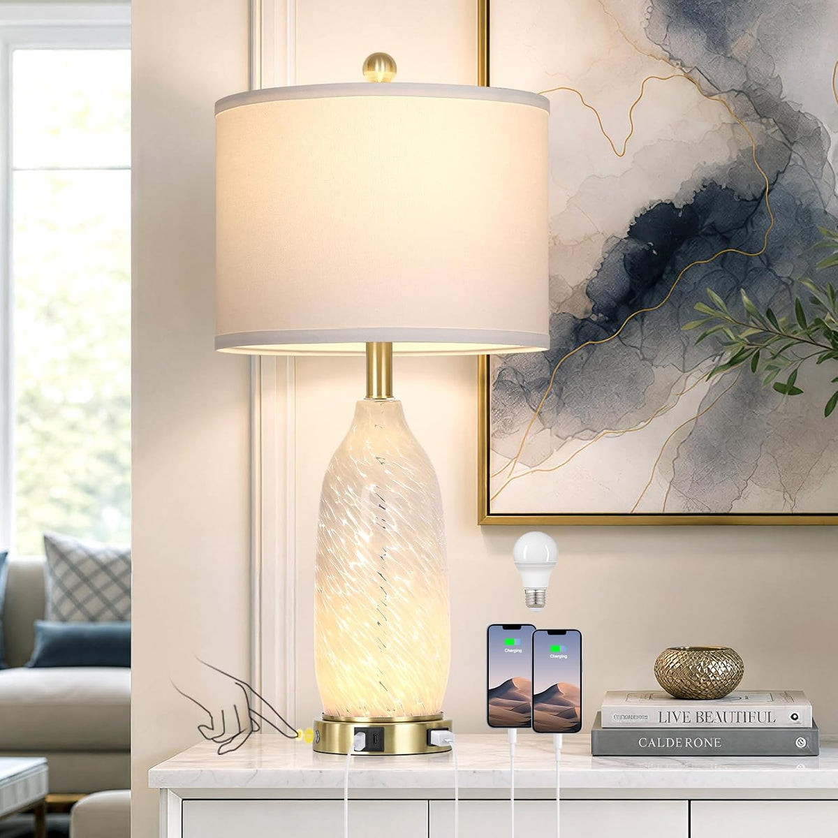 Rinweey 26" Modern Clear Glass Table Lamp Nightstand Lamp with USB A+C Ports & AC Outlet,Bedside Lamps with 3-Way Dimmable Touch Control Night Light for Bedroom Living Room,Single White