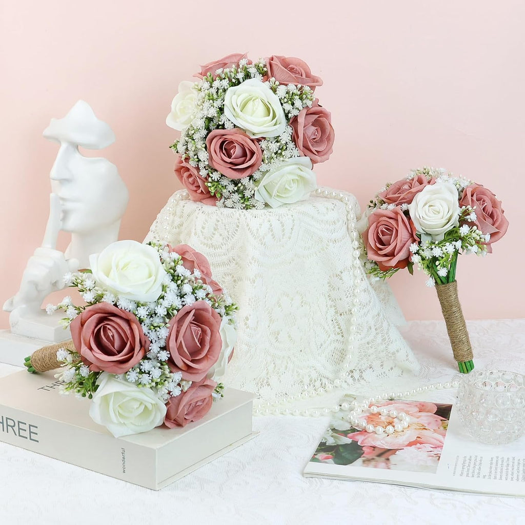 Wedding Artificial Bridesmaids Bouquets Set of 6-Faux Babys Breath Dusty Pink Fake Gypsophila Bouquet for Bridesmaid, Real Touch Small Bouquet for Bridesmaids Wedding Bridal Shower Centerpieces-7 Inch