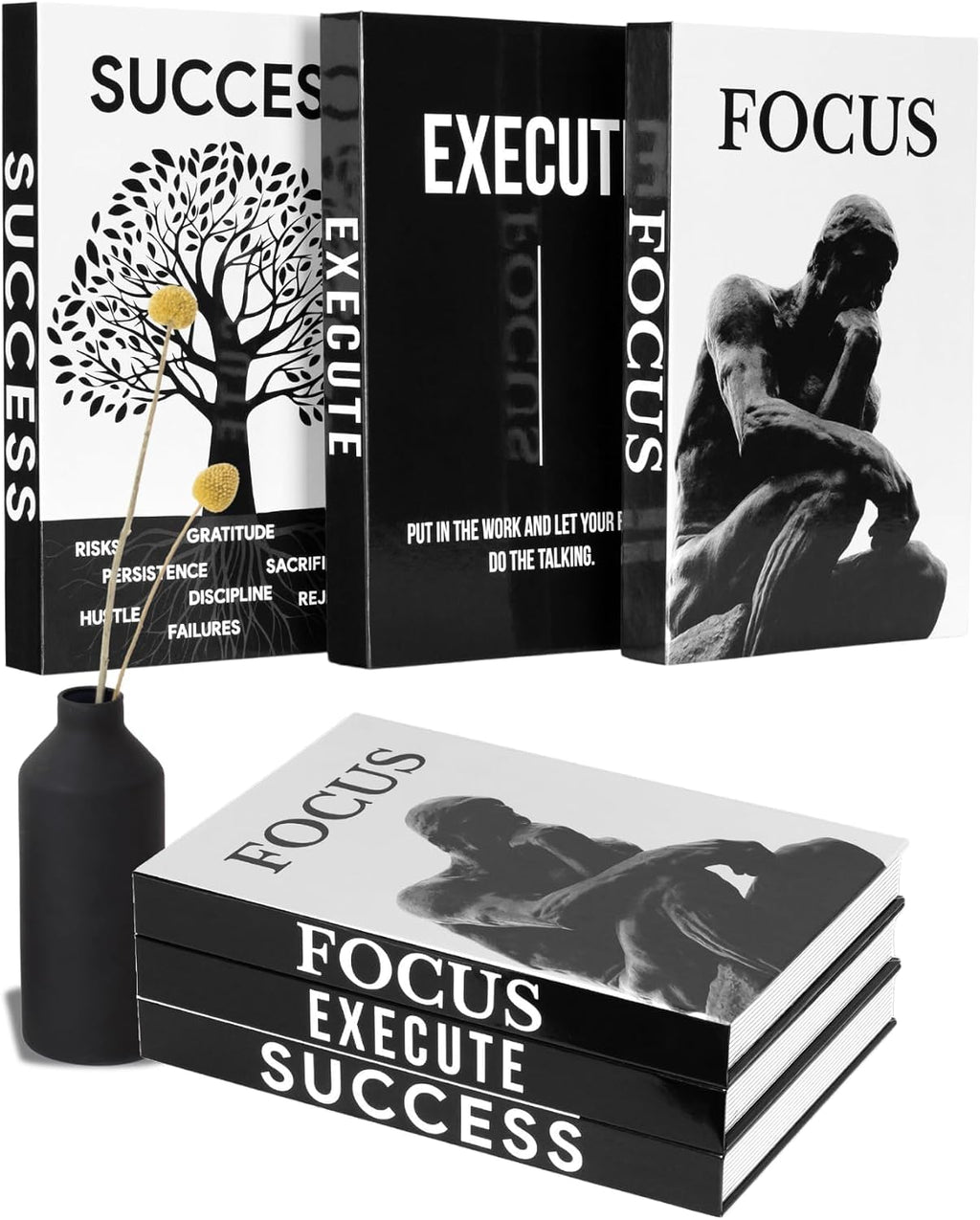 Motivational Decorative Books Set of 3 - Faux Books for Home Office Decor