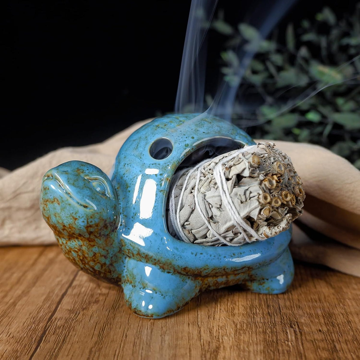 MOUGIGI Blue Ceramic Turtle Palo Santo Burner - Mini Chiminea, Burns