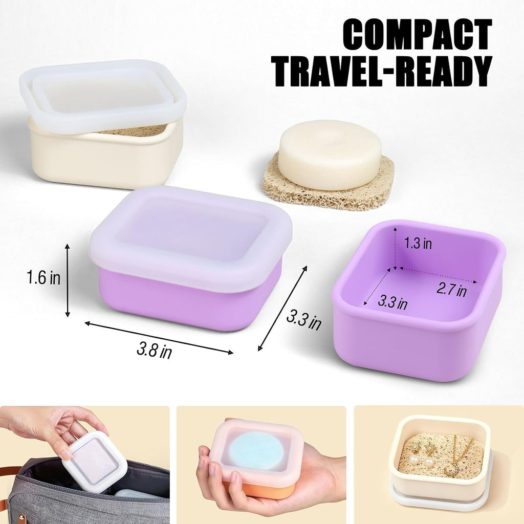 OTHIX 2 Pack Leakproof Silicone Travel Soap Case Travel Essentials-Small Bar Soap Holder Container with Drainage Layer & Mini Portable Soap Dish for Shampoo Bars, Gym, Camping (Cream & Light Purple)