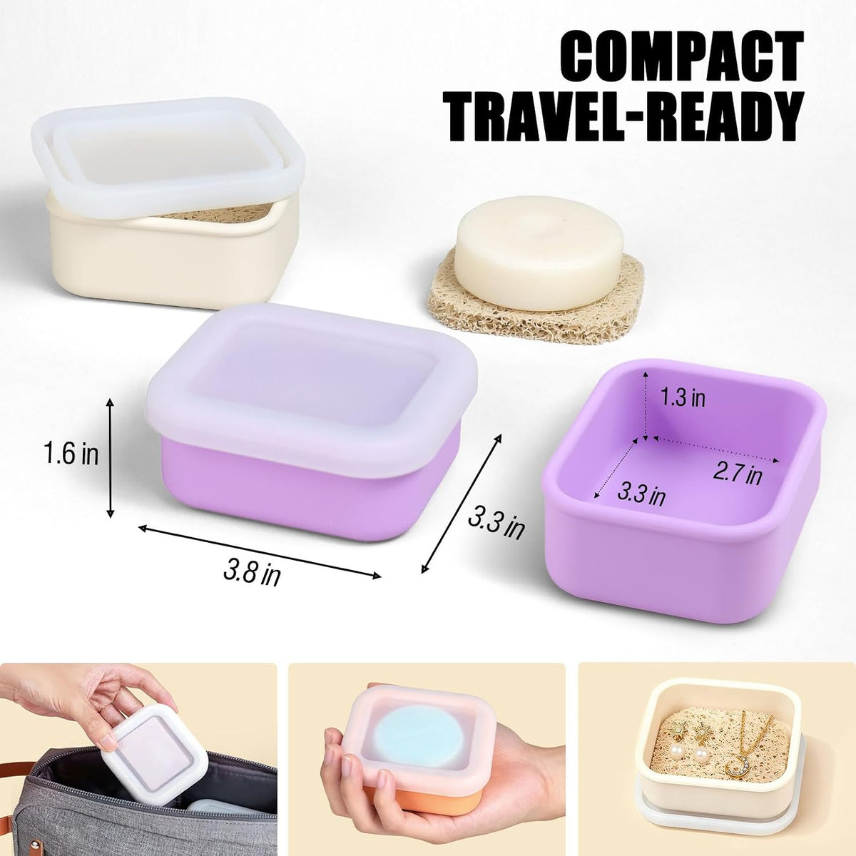 OTHIX 2 Pack Leakproof Silicone Travel Soap Case Travel Essentials-Small Bar Soap Holder Container with Drainage Layer & Mini Portable Soap Dish for Shampoo Bars, Gym, Camping (Cream & Light Purple)