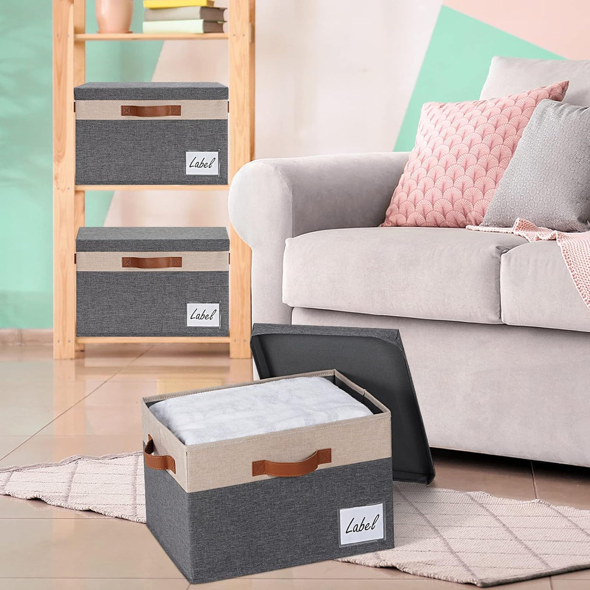 GhvyenntteS Fabric Storage Bins with Lids 3 Pack, Large Fabric Storage Baskets with Lid and Handles, Foldable Closet Organizers and Storage boxes with Label Window for Home (Beige, 15" x 11" x 9.7")