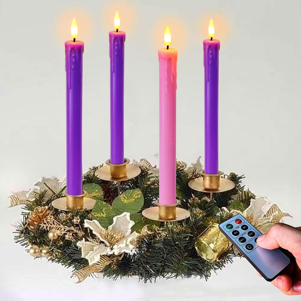 Set of 4 LED Christmas Candle Lights, Battery Operated Taper Candles for Advent Wreath, 3 Purple 1 Rose Flickering Wax Flameless Candles for Holiday School Church Celebration