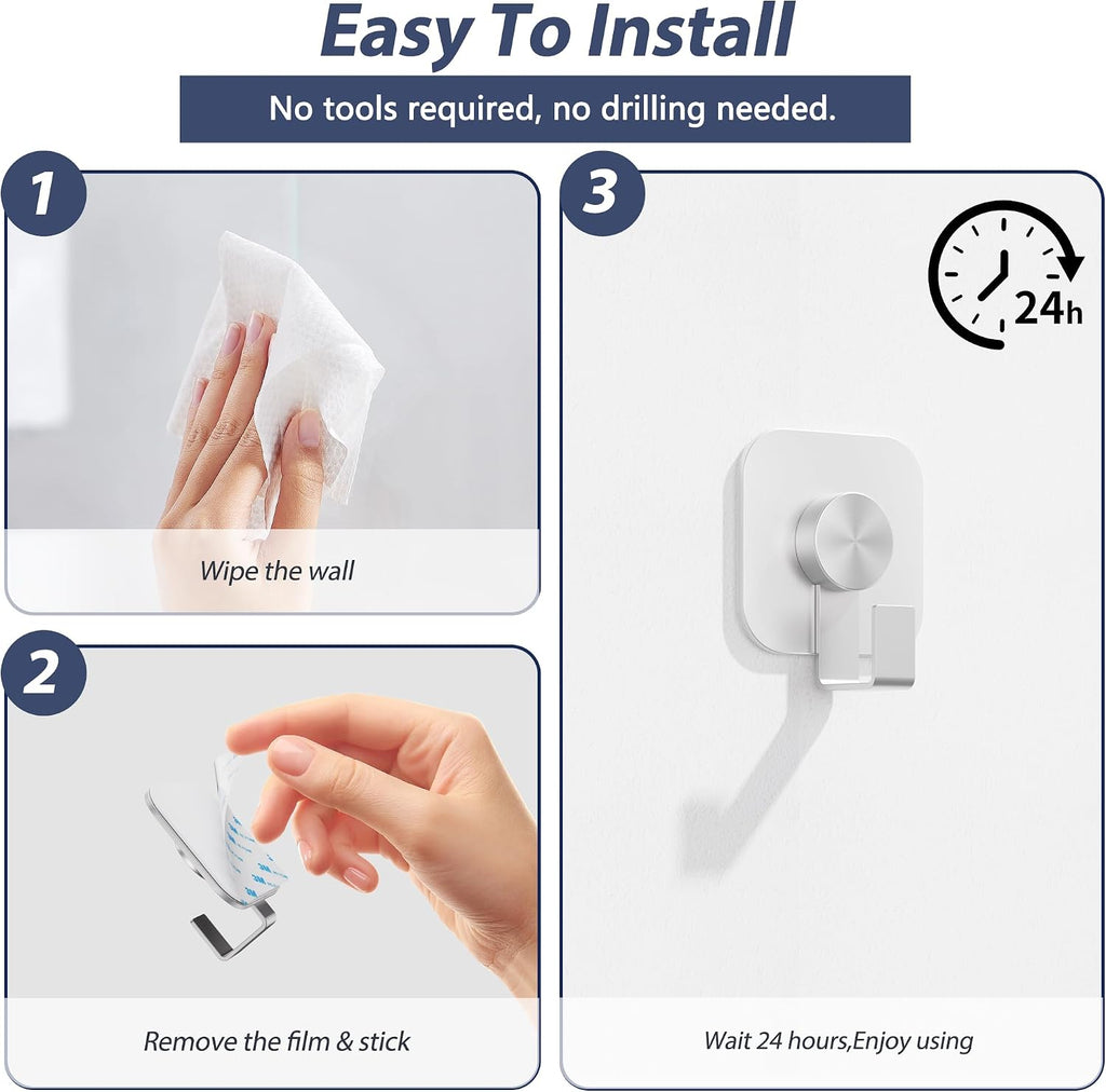 Aikzik 4 Pack Large Heavy Duty Wall Hooks - 26lb Max, Stainless Steel Adhesive Towel Hooks for Hanging Coat, Towel, Robe, Keys, Sticky Shower Hook for Door, Home, Bathroom, Kitchen, Office- Silver