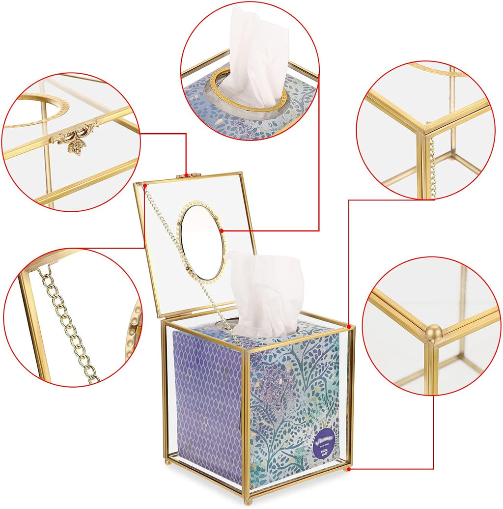 Sumnacon Square Clear Glass Tissue Box Cover, Gorgeous Gold Tissue Holder