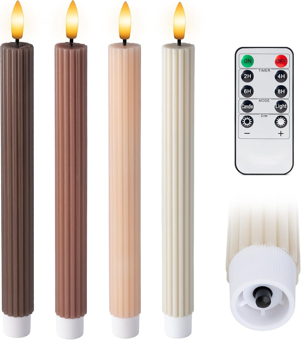 Coordinated Chocolatey Mocha Brown 4 Pack, 10" Real Wax LED Flameless Fluted Ribbed Grooved Taper Candles, Remote & Timer Memory, On/Off Button, Dimmable, Battery Operated, Menorah Wedding
