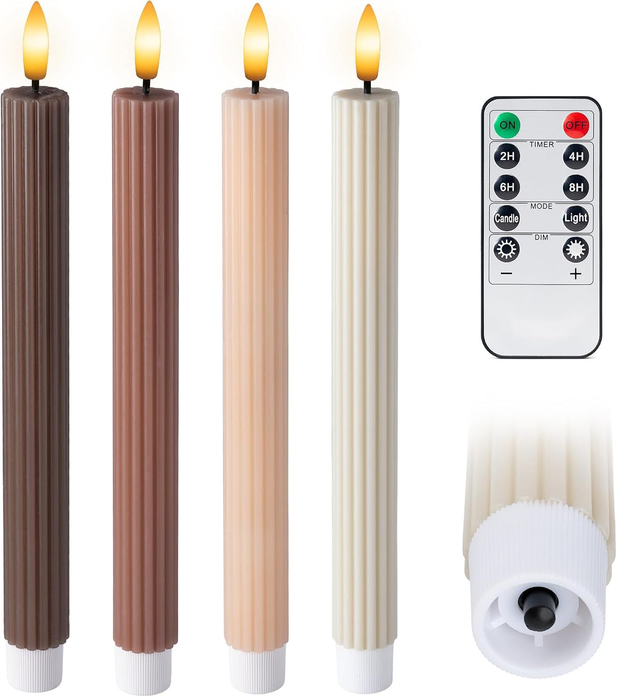 Coordinated Chocolatey Mocha Brown 4 Pack, 10" Real Wax LED Flameless Fluted Ribbed Grooved Taper Candles, Remote & Timer Memory, On/Off Button, Dimmable, Battery Operated, Menorah Wedding