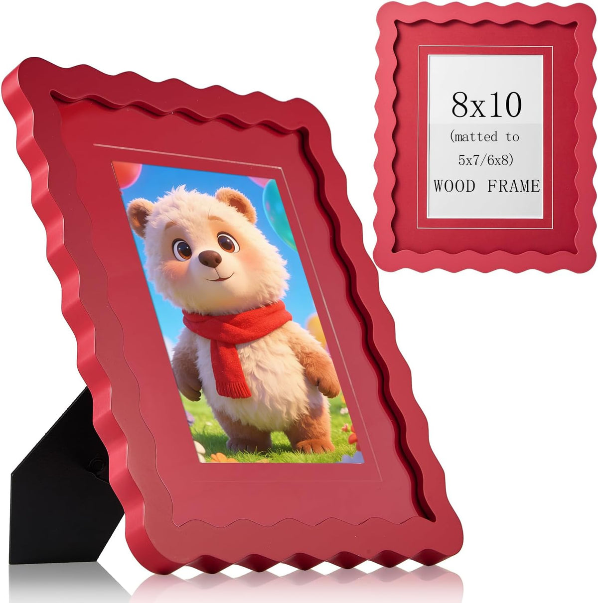 SNAPSHOT 8x10 Picture Frame with Mat for 5x7/6x8, Wooden Photo Frames with Real Glass for Wall Mount and Tabletop, Wavy Edge Red, 1 Pack