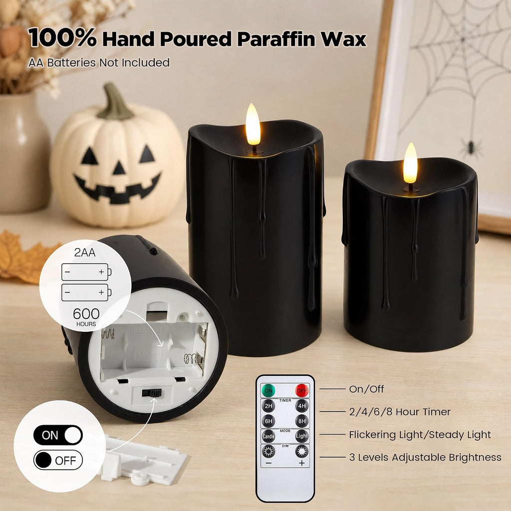 Halloween Black Dripping Wax Flameless Pillar Candles with Remote, Set of 3