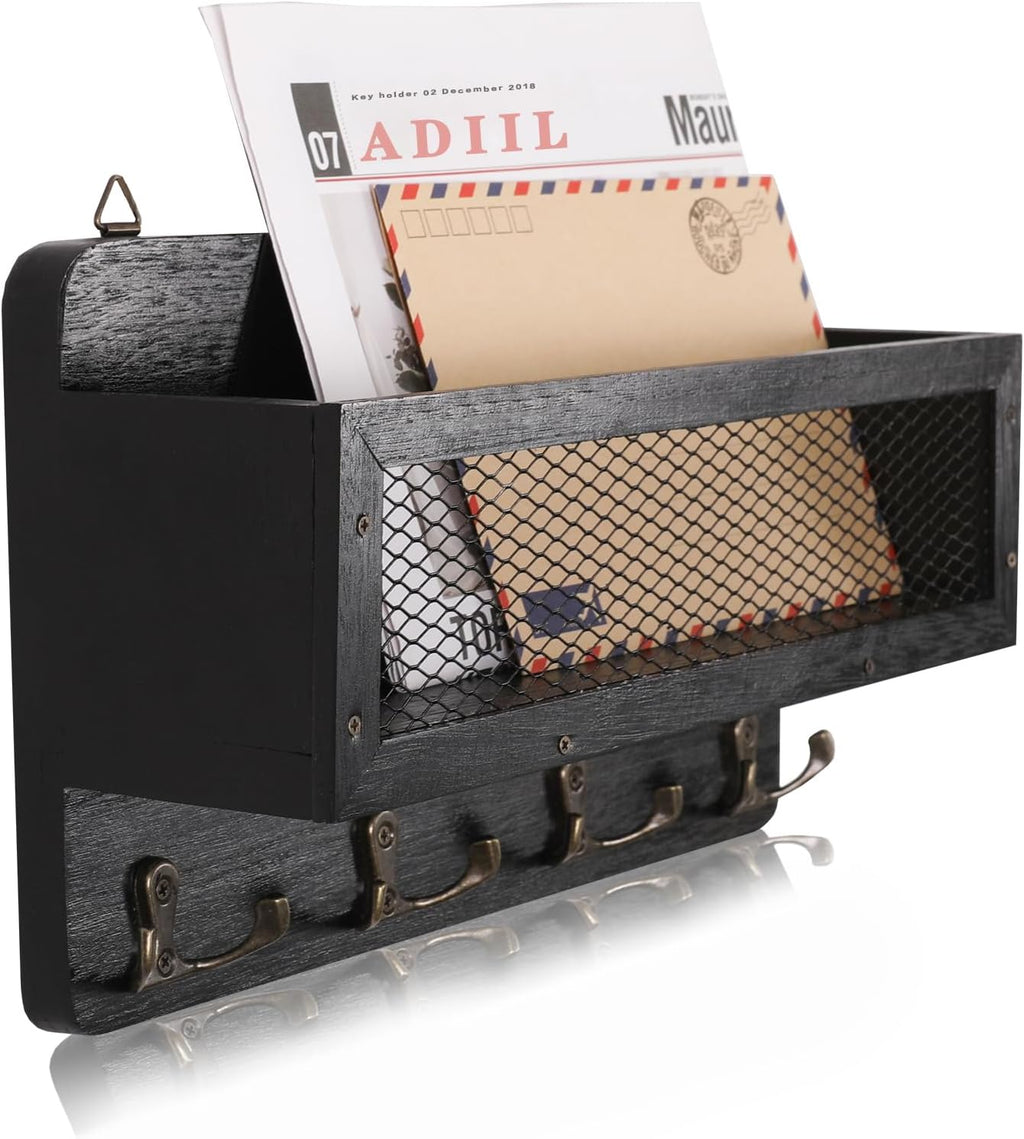 ADIIL Mail and Key Holder for Wall Decorative, Wooden Wall Mount Key Rack Hanger Organizer with 4 Double Key Hooks, Rustic Home Decor for Entryway Hallway, Black