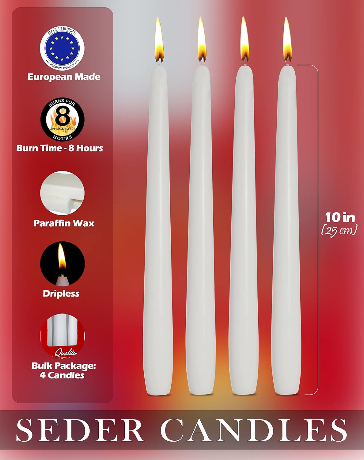 Ner Mitzvah Passover Seder Candles - 8 Hour Burn Time - European Made - Pack of 4 Taper Candles