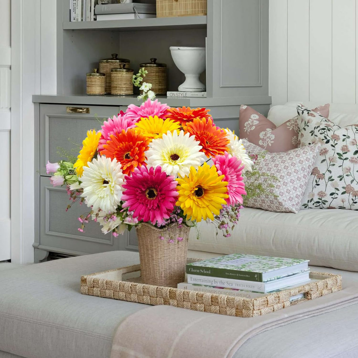 20 Pcs Fake Silk Gerbera Daisy Artificial Flowers with Stems Faux Daisies Flower Bulk for DIY Art Crafts Home Wedding Party Vase Centerpieces Tables Garland Wreath Decoration (Multi Color)