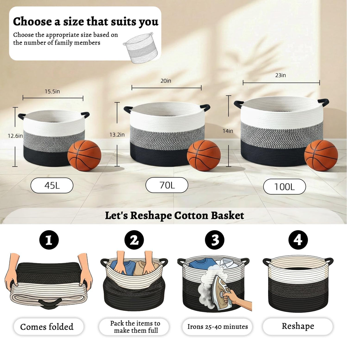 Artfeel 70L Large Cotton Rope Basket, Decorative Woven Blanket Storage for Living Room, Boho Toy Storage & Toy Box for Kids, Versatile Laundry Basket & Nursery Hamper for Blankets(Black)