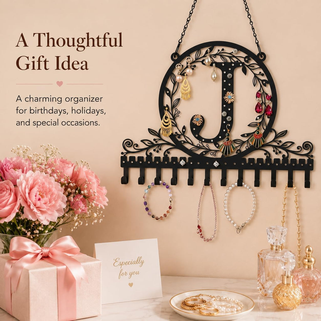 Personalized Wall Mounted Metal Initial Letter J Earring Holder Jewelry Organizer for Earrings and Necklaces Space Saving Wall Display with Hooks Jewelry Storage Bedroom Vanity Gift for Women