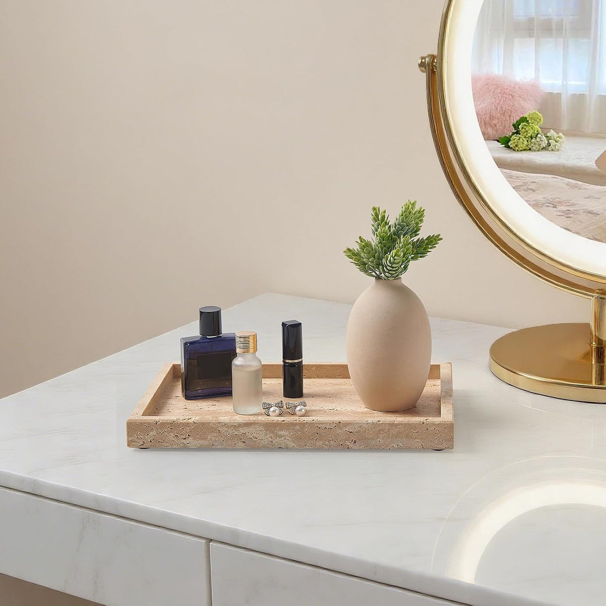 Natural Large Travertine Vanity Tray, Stone Organizer for Bathroom & Decor