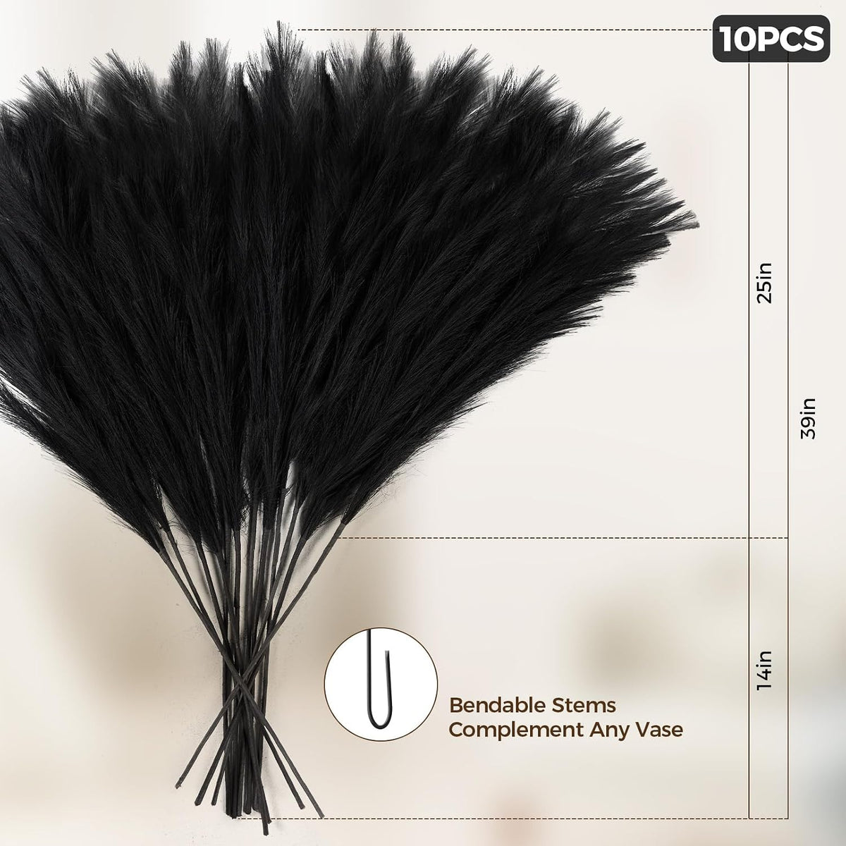 10 Pcs 39''/3.2FT Black Pampas Grass Large Tall Fluffy Artificial Fake Flower for Bedroom Boho Decor Floor Vase Filler Farmhouse Home Wedding Decor