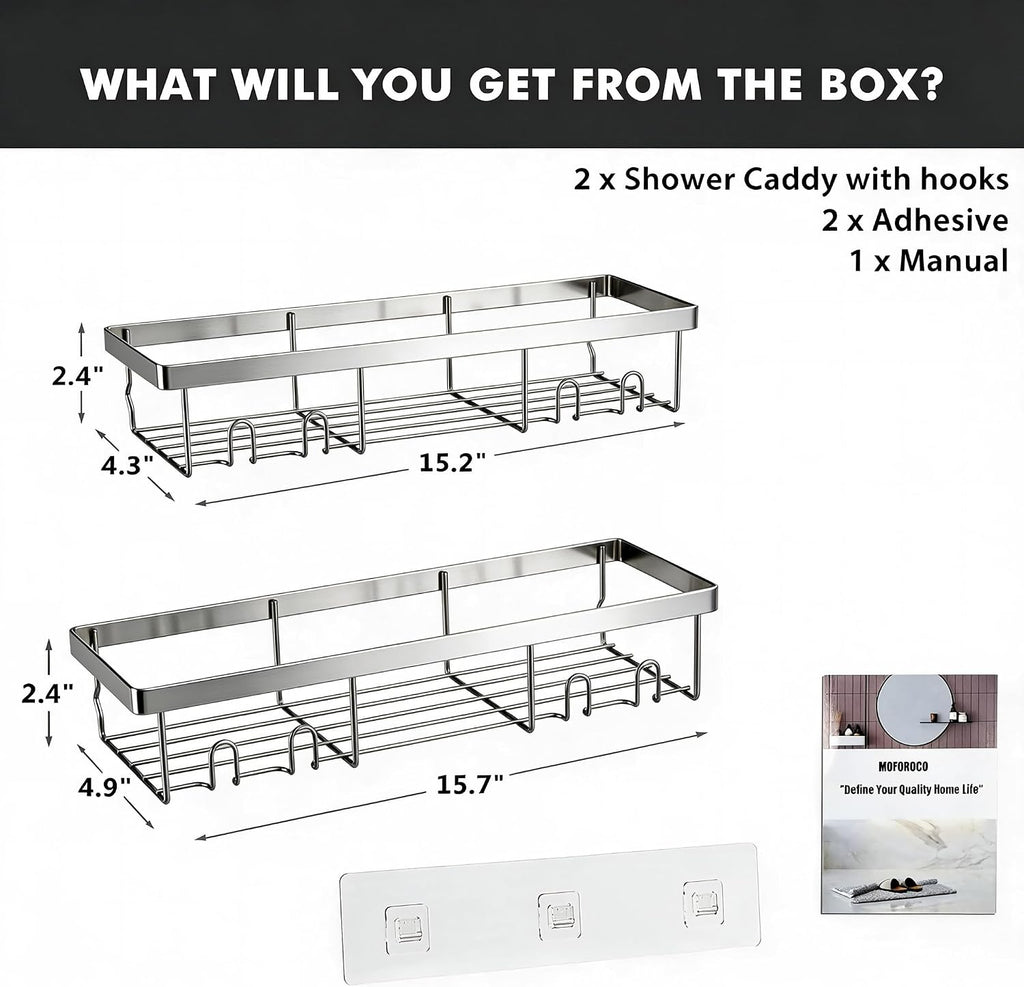 Moforoco Large Silver Shower Caddy Shelf Organizer Rack, Self Adhesive Bathroom Shelves Basket, Home Farmhouse Wall Inside Organization and Storage Decor Rv Accessories