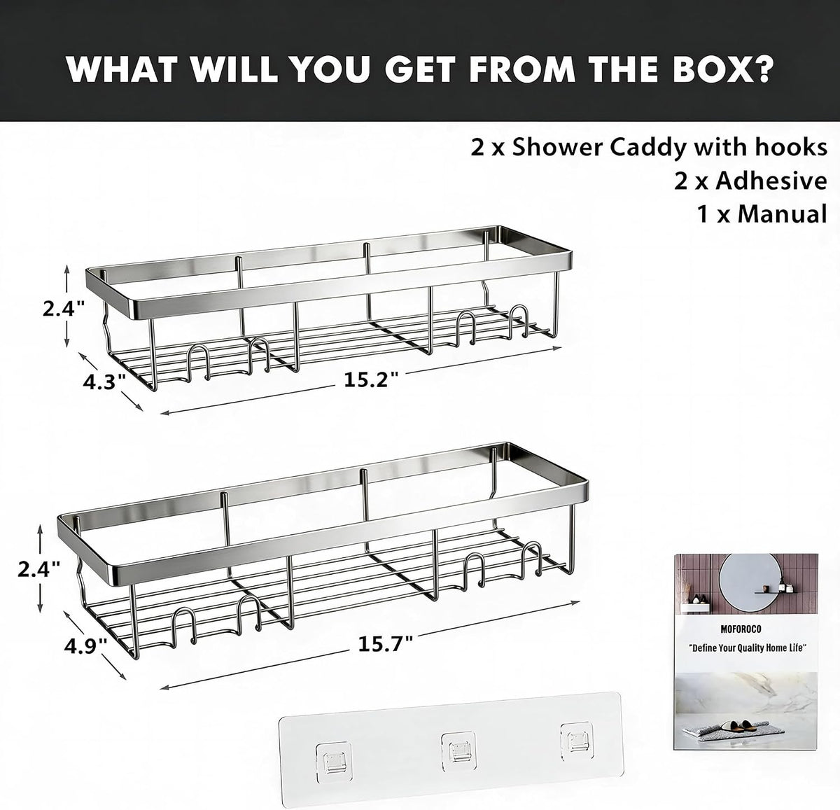 Moforoco Large Silver Shower Caddy Shelf Organizer Rack, Self Adhesive Bathroom Shelves Basket, Home Farmhouse Wall Inside Organization and Storage Decor Rv Accessories