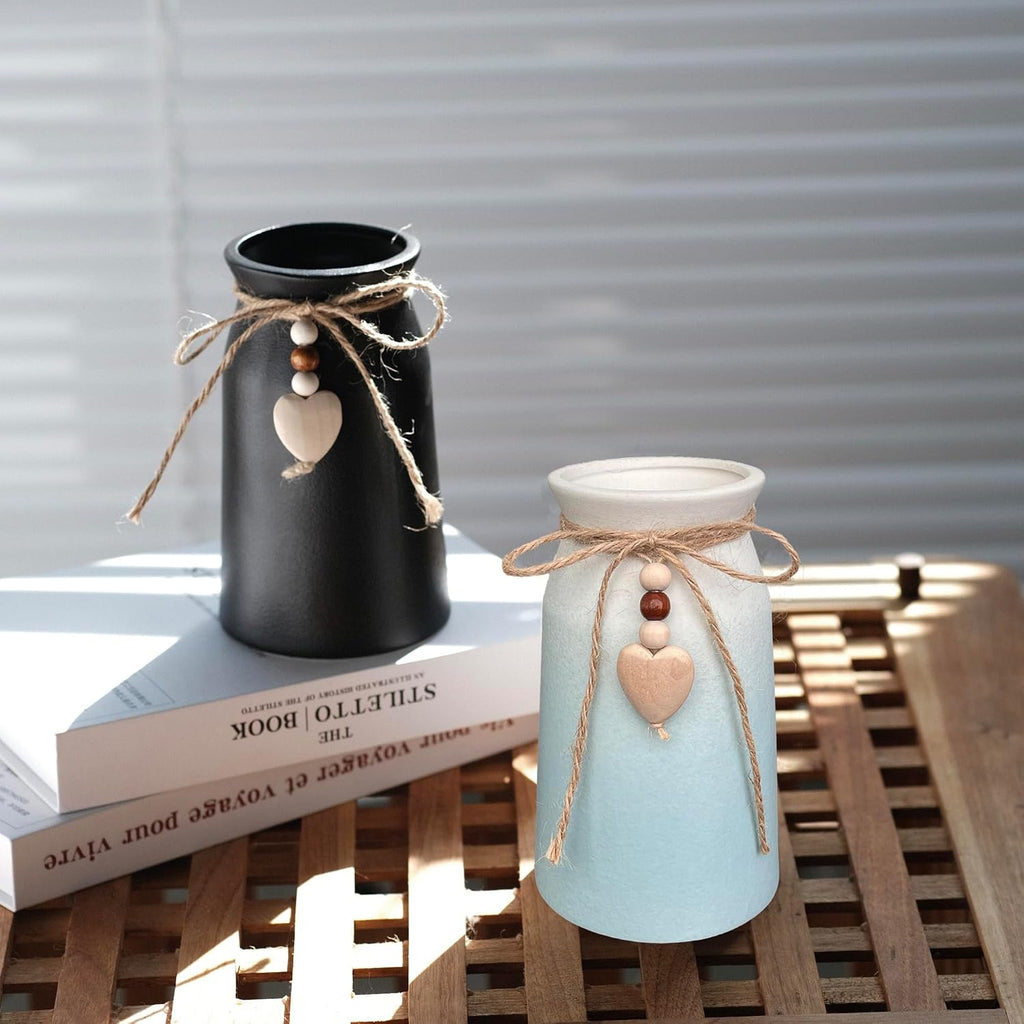 Elegant Ceramic Vase | 6-Inch Flower Vase with Jute Rope & Heart Charm | Modern, Farmhouse, & Boho Home Décor, Blue Color