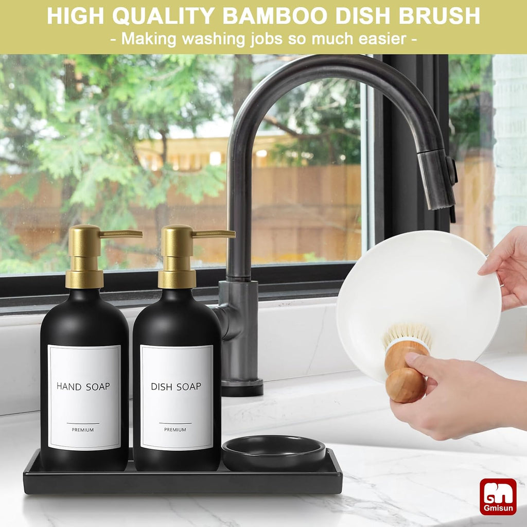 GMISUN Dish Soap Dispenser for Kitchen, 17 fl oz Dish Soap Dispensers with Ceramic Tray & Bamboo Brush & Gold Pump, 2Pcs Matte Black Glass Kitchen Soap Dispenser Set, Refillable Soap Bottle Set